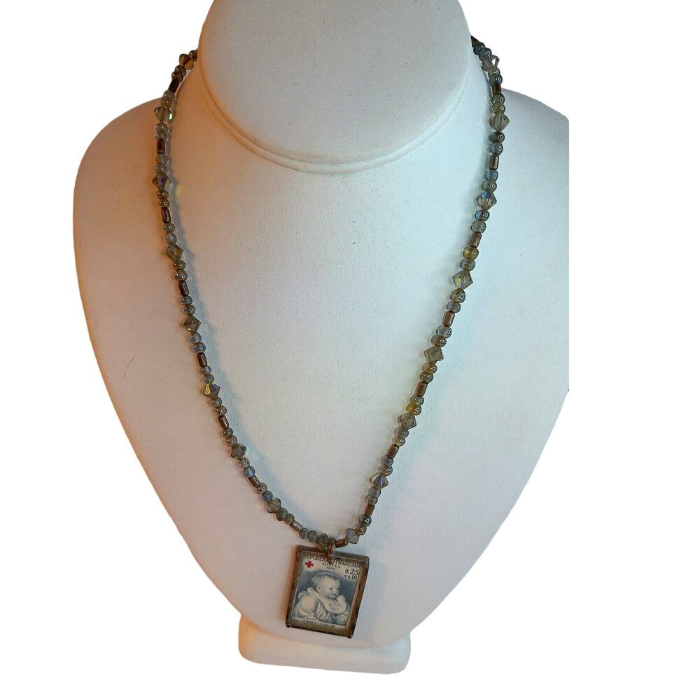 Vintage 1965 French Stamp Choker Renoir Baby with Spoon 925 Sterling Silver